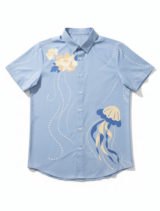 Light blue shirt with floral and jellyfish designs on a white background