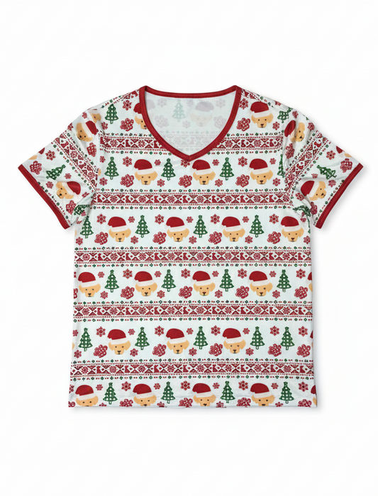Christmas-themed t-shirt with pattern on a white background
