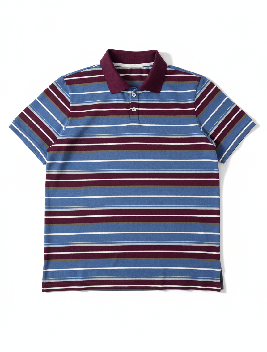 Striped polo shirt with blue and burgundy stripes on a white background