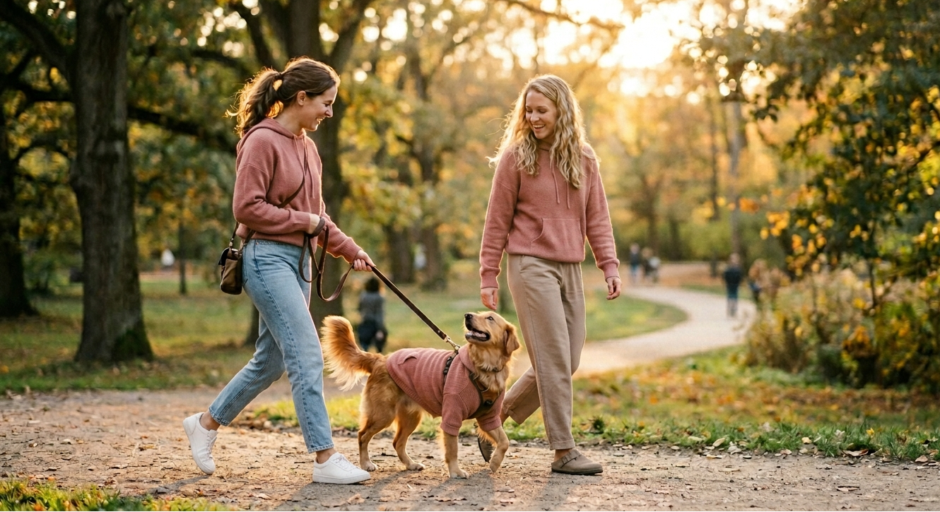 Two women walking a dog in a park during autumn.